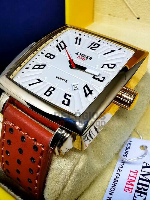 Relógio Amber Time Atlantis Masculino Dourado Pulseira de Couro Marrom - A Prova D'Água