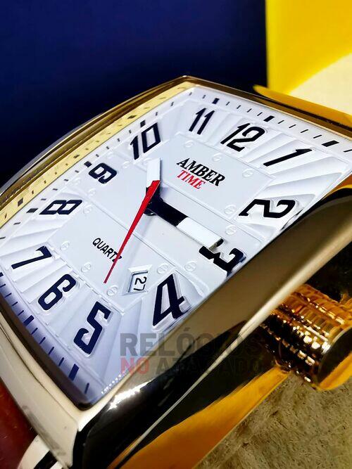 Relógio Amber Time Atlantis Masculino Dourado Pulseira de Couro Marrom - A Prova D'Água
