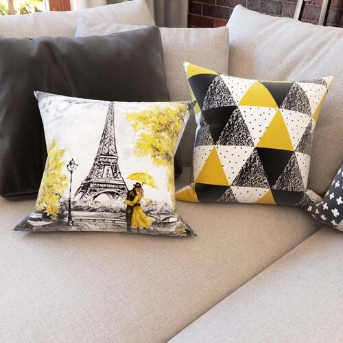 Almofadas Amarelas e Pretas Decorativas Torre Eiffel Para Sof