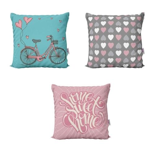 Kit 3 Capas de Almofadas Decorativas Rosa e Azul Bike Home Sweet Home Para Sala