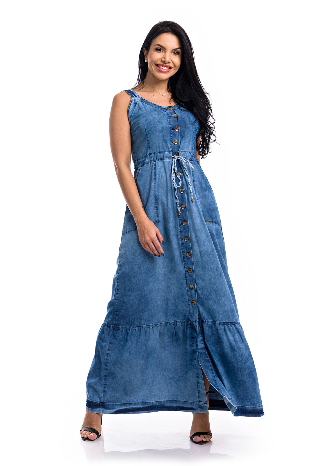 Vestido Jeans Longo Barra Franzida