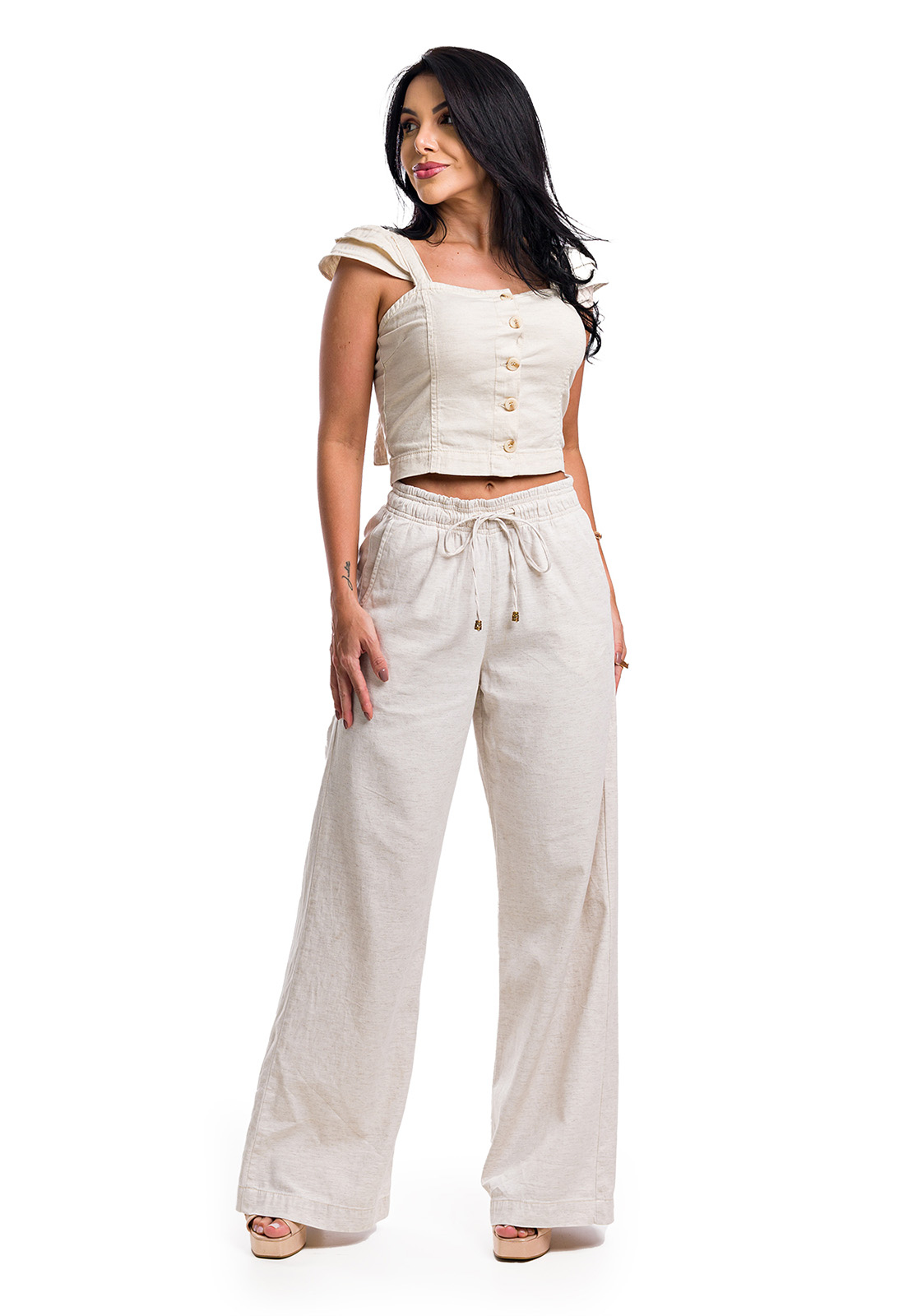Conjunto Cropped e Calça Pantalona de Linho e lastex premium