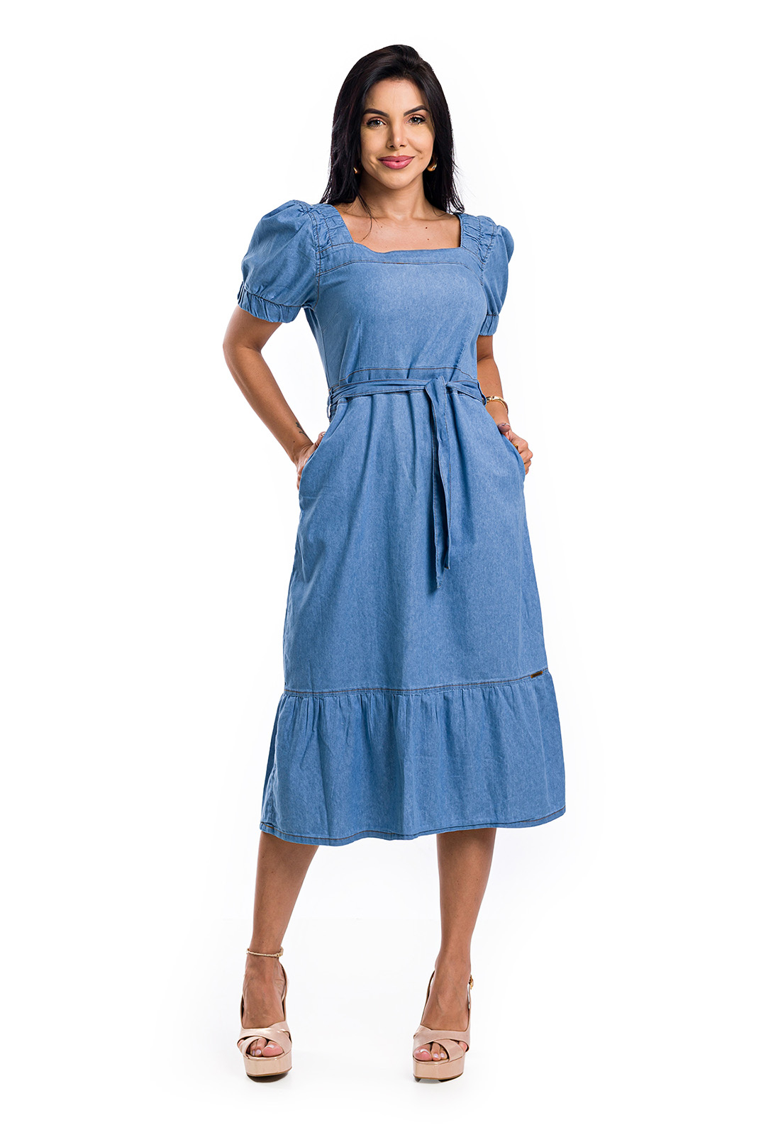 Comprar Vestido Jeans Midi Sem Elastano Com Detalhe de Elástico