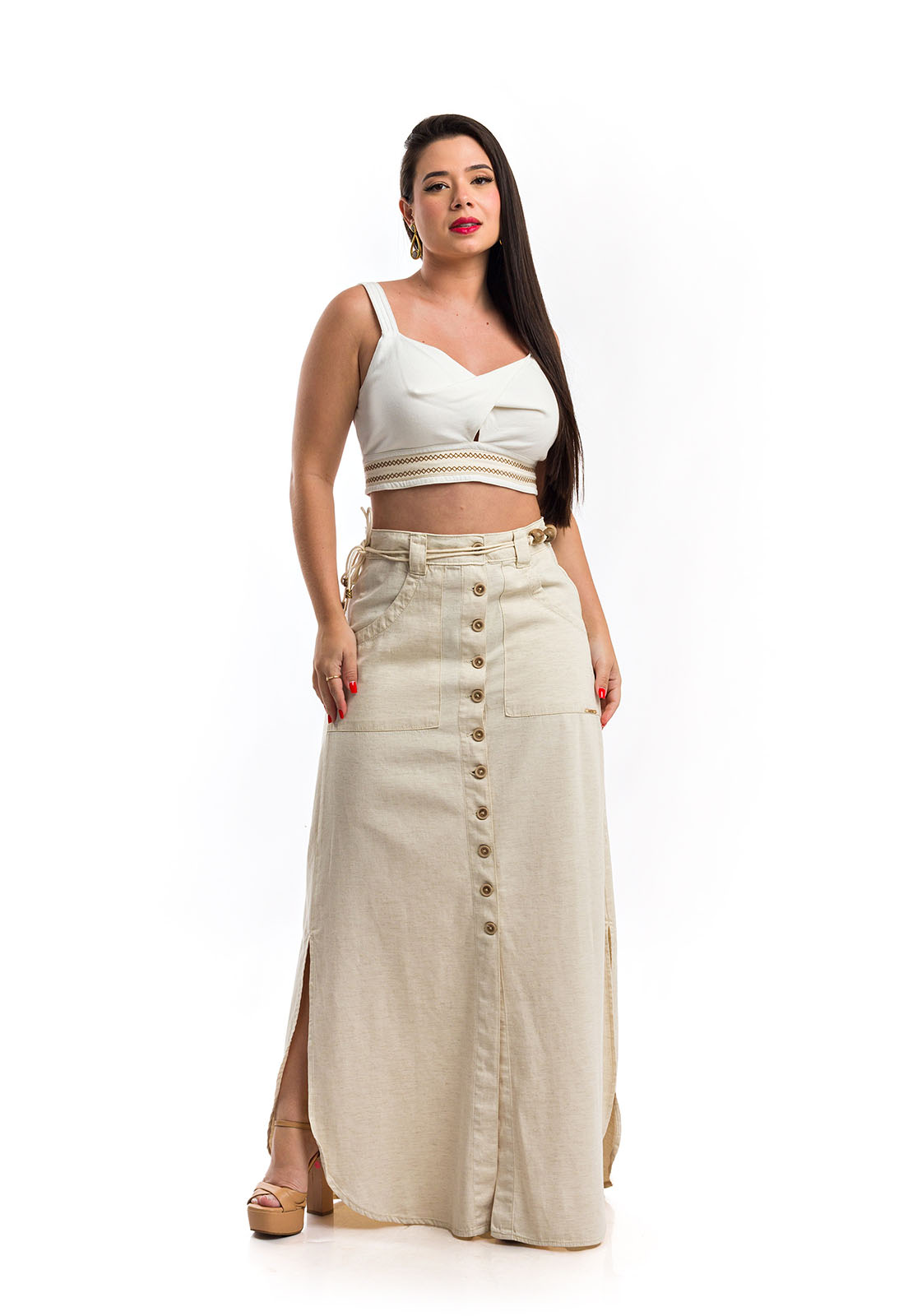 Que Saia Comprida Saia Longa De Linho Premium Com Botões E Cinto