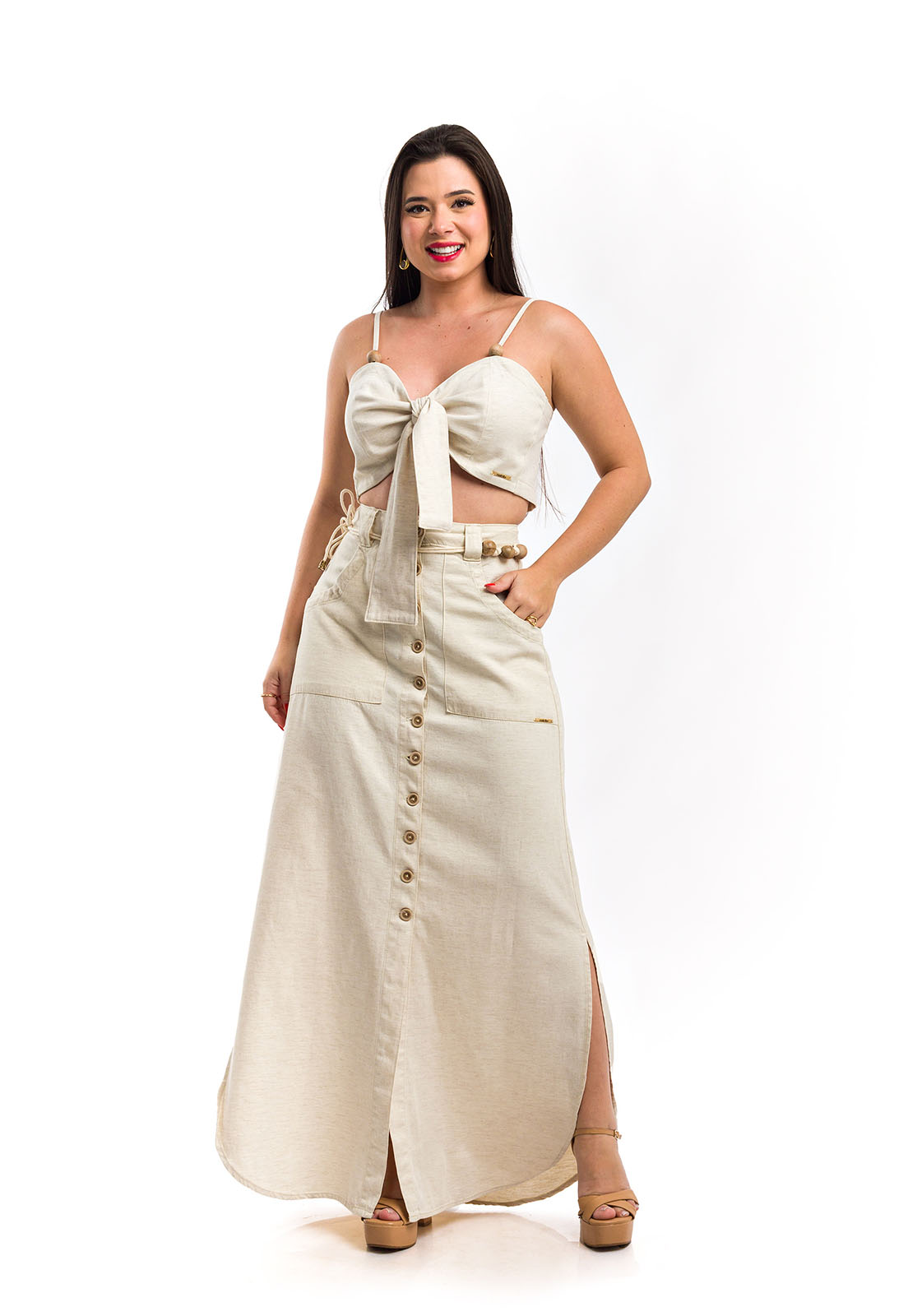 CONJUNTO SAIA LONGA E CROPPED EM LINHO NATURAL PREMIUM