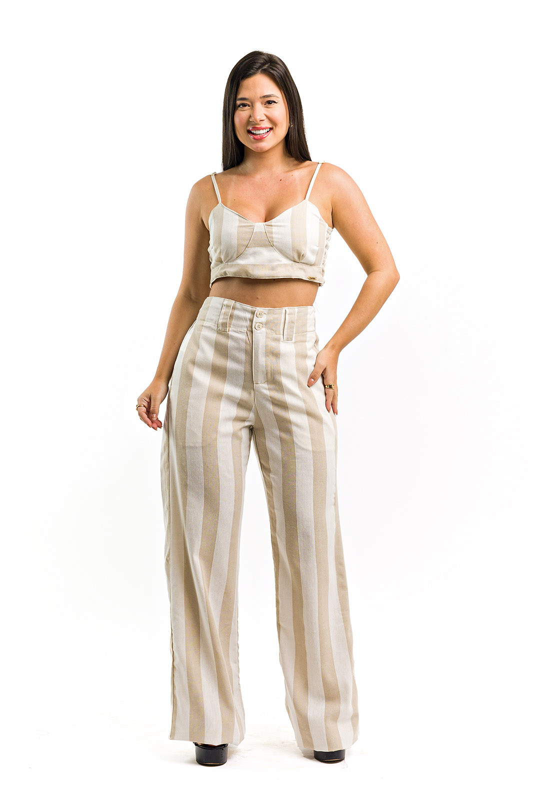 Conjunto Cropped E Calca Pantalona Listrado de Linho