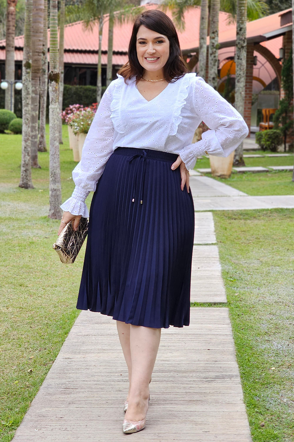 Look Saia Plissada Saia Lapis Com Camisa Social Saia Plissada Midi