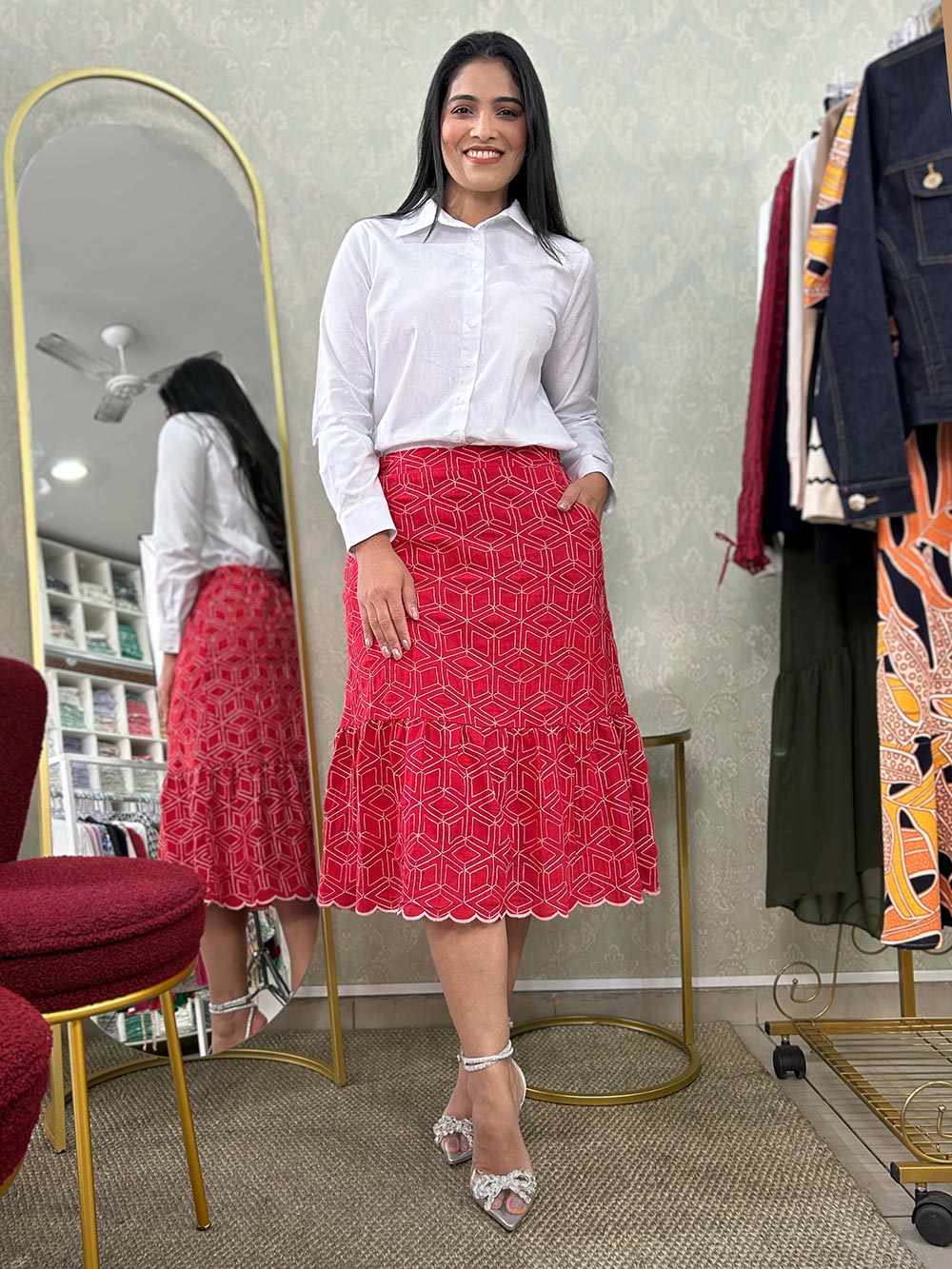 Saia Feminina Vinho Saia Cintura Alta Com Babado Saia Midi Cintura - Main Image