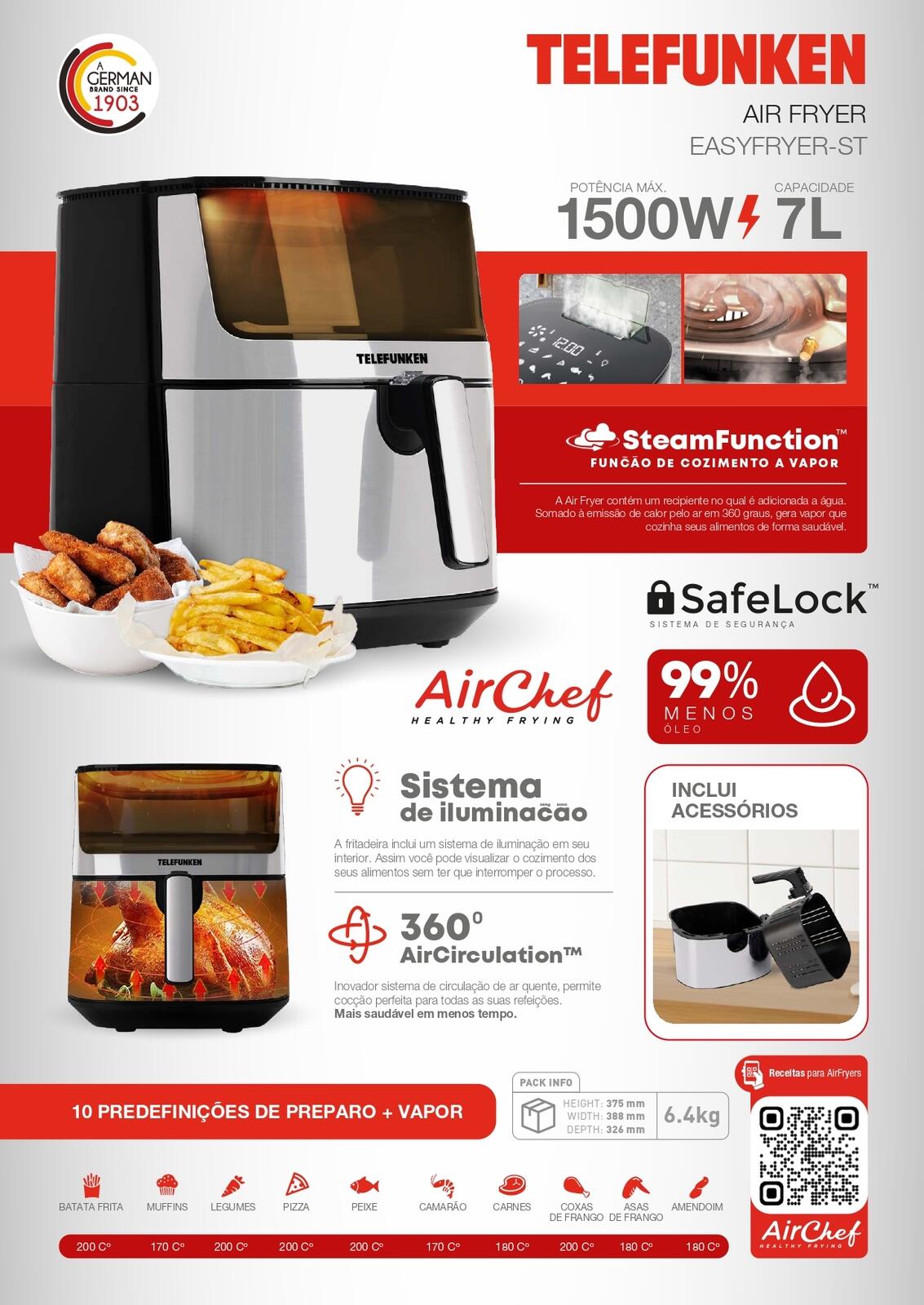 Comprar Fritadeira Air fryer com Vapor 7L Telefunken Easy Fryer ST